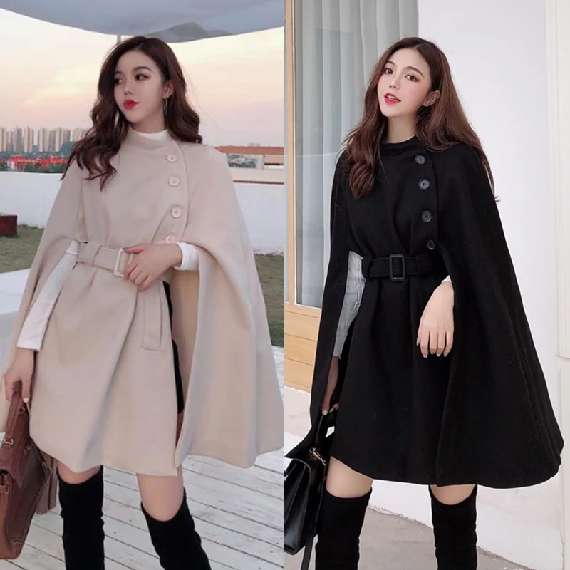 2022Autumn High Quality New Woolen Cloth Shawl Cape Poncho With Belt Women Mid-length Korean Sleeveless Casual Ladies Cape Coats