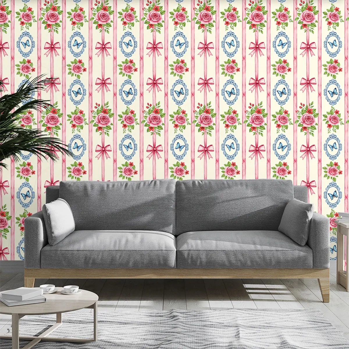 1PC rose bow tie striped simulation wall sticker PVC flat loop wallpaper for living room and bedroom wall decoration