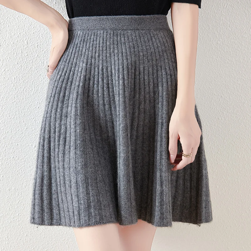 

100% merino wool women's knitted pleated skirt, elastic waist, casual, fashionable, Korean version, new autumn and winter 2024