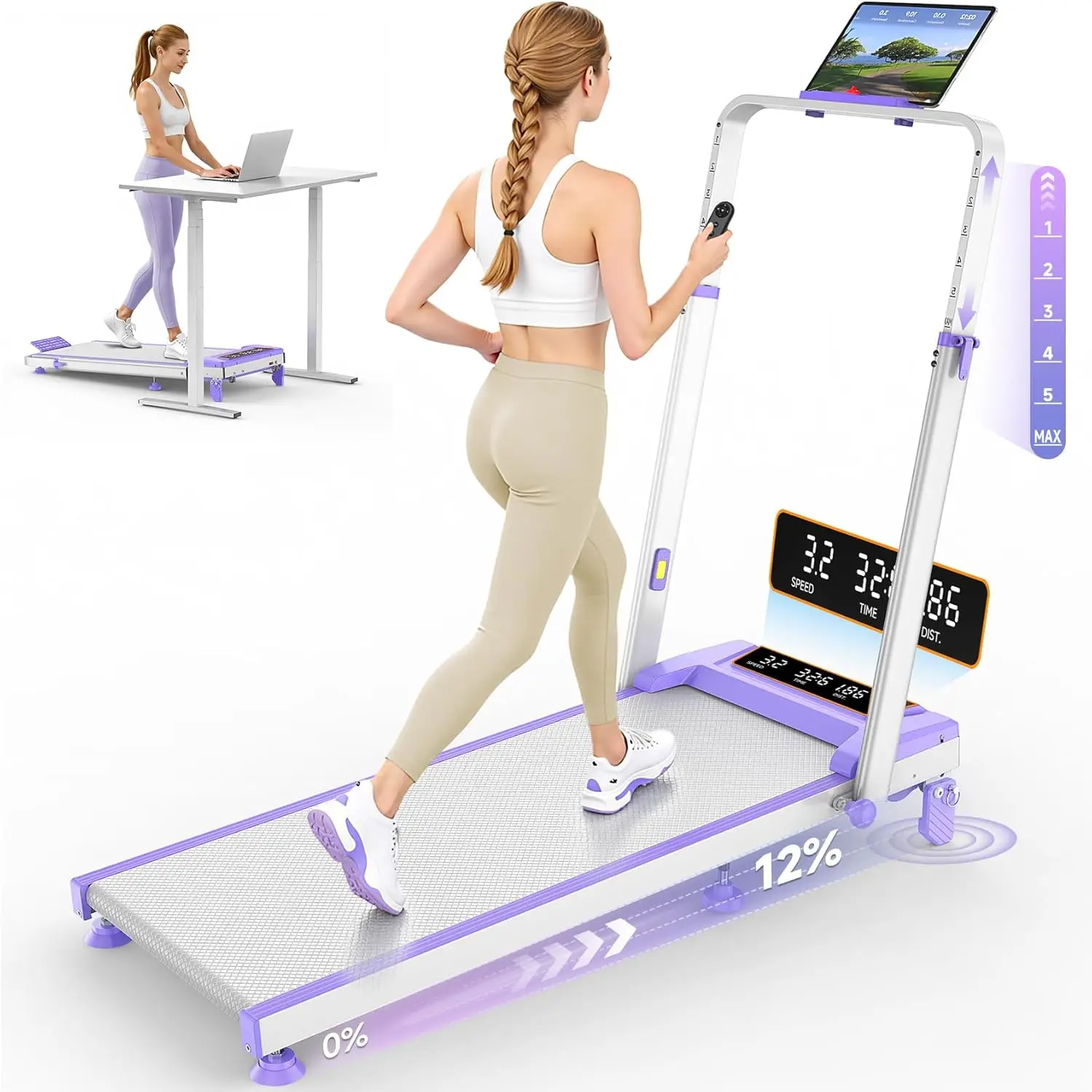 Walking Pad Treadmill, 4-in-1 Folding Under Desk Design with 12% Incline & Adjustable Height, Upgraded 3.5HP Motor, Handle Bar, LED Display, Portable Electric Treadmill for Home, 350LBS Capacity
