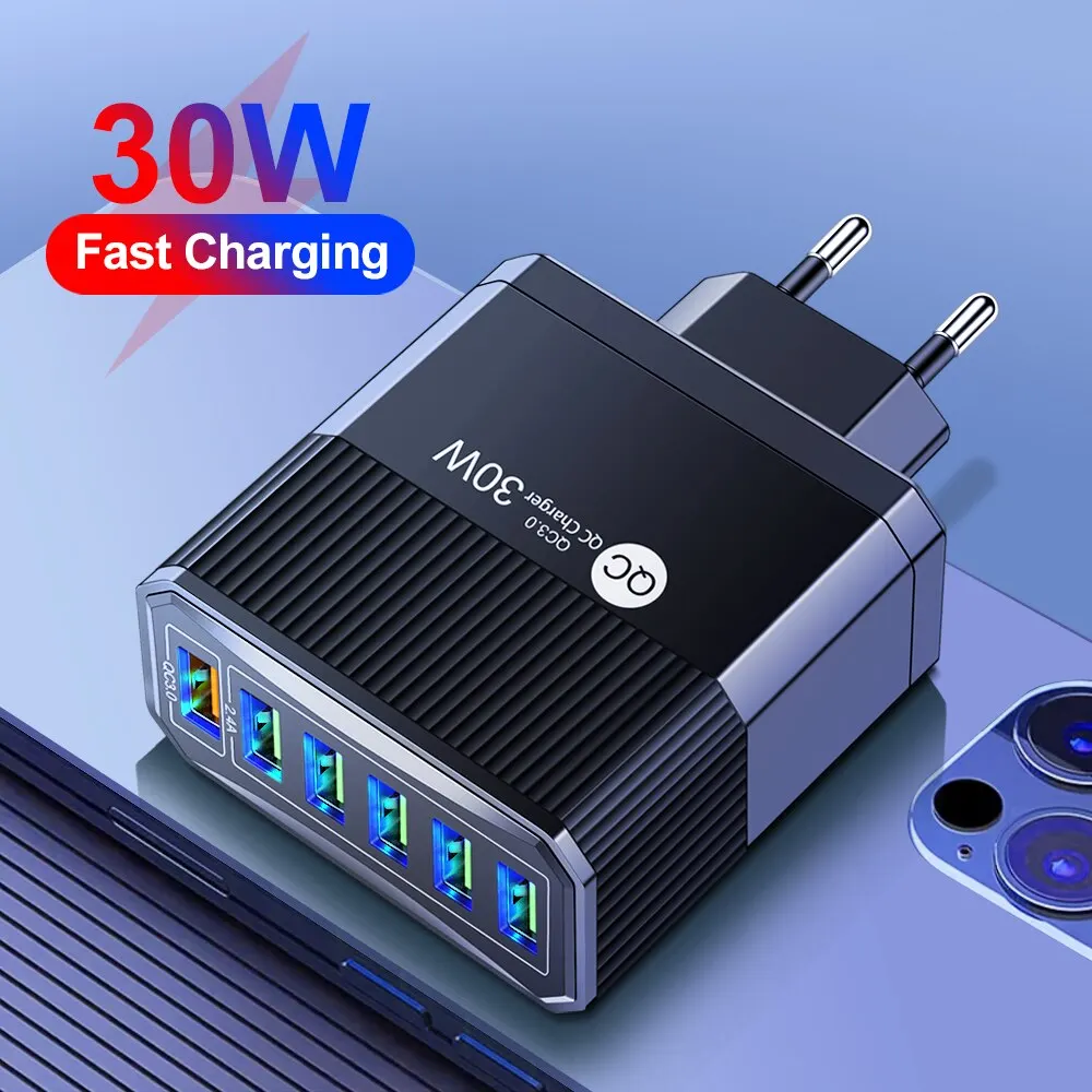 삼성 S23 샤오미 휴대폰 충전 어댑터, 30W 6 in 1 USB 충전기, QC3.0 고속 충전, EU, KR, US, UK 플러그 