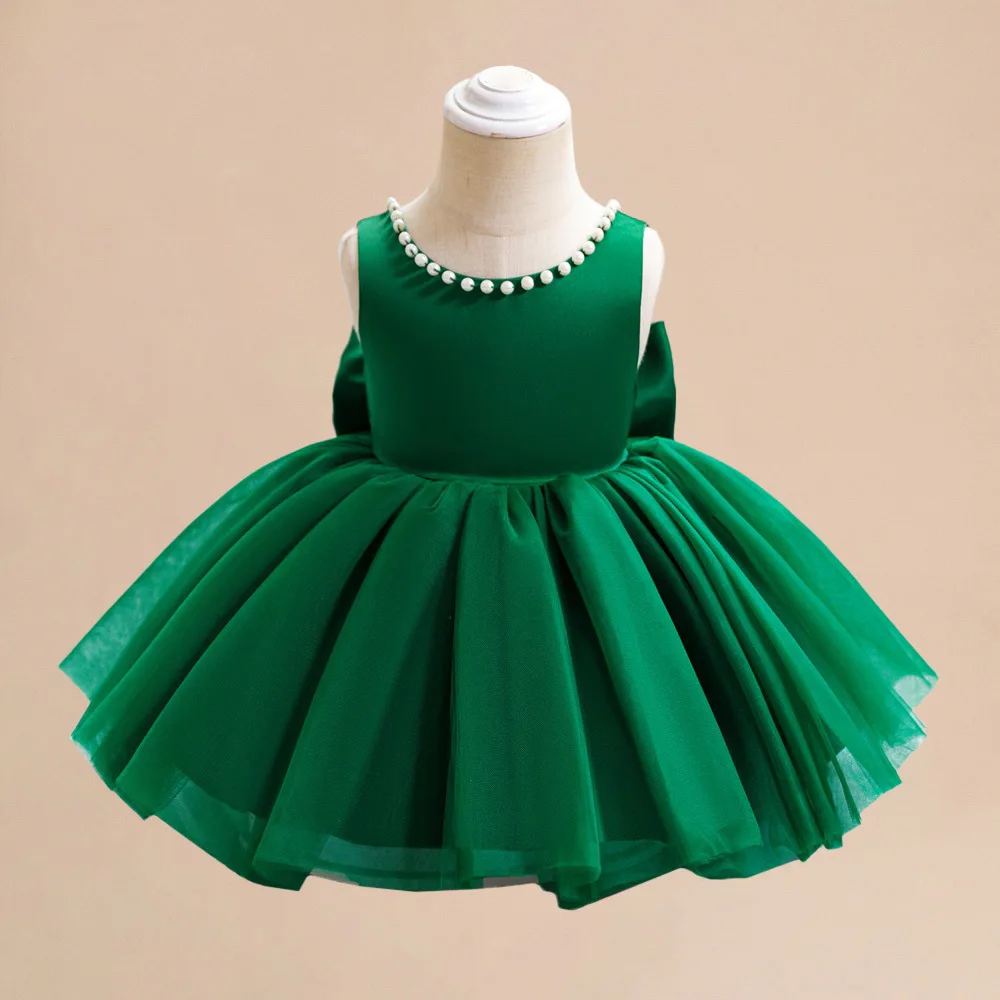 Baby Party Dresses for Girl Backless Bow Wedding Flower Girl Dress Beading Toddler Kids 1st Birthday Baptism Princess Dress