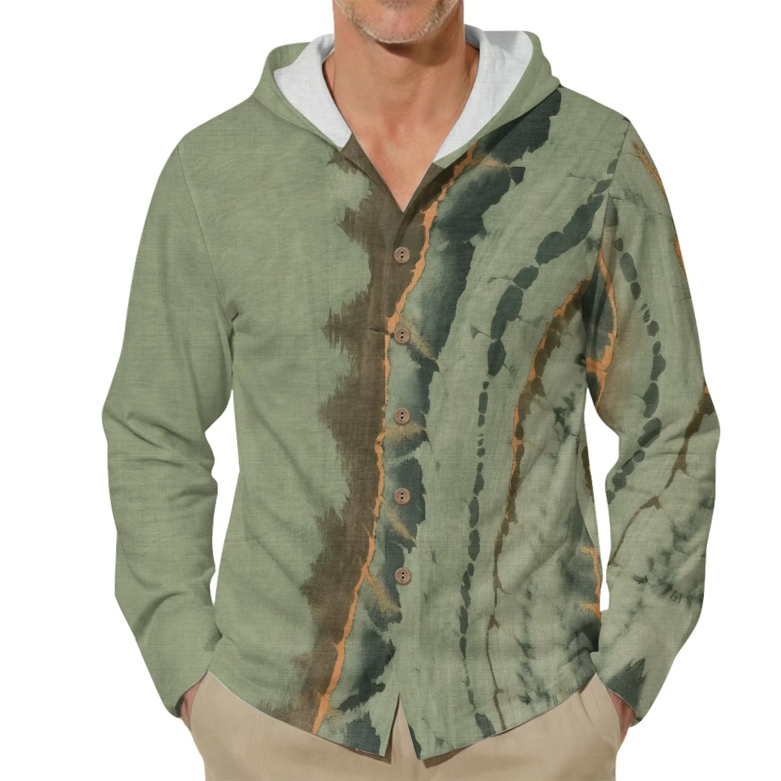 PENSTROLL Tie Dye Stripe Button Front Fashion Tops for Autumn Linen Style Men's Linen Hoodie Size S-3XL