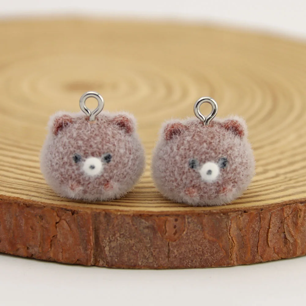 20Pcs 3D Flocking Cute Bear Resin Charms Plush Cartoon Animal Pendant For Earrings Phone Bags Keychains Diy Jewelry Make