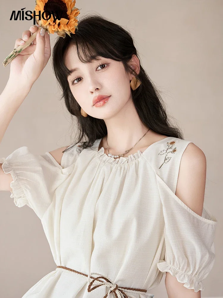 MISHOW Embroidery Sunflower Dress Summer 2023 French A-LINE Off Shoulder Sleeve Waist Strap O-Neck Knee-Length Dress MXC39L1526