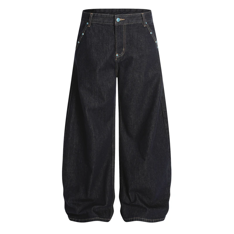 

2026, весенне-осенние украшения на пуговицах, необработанные джинсы, мужские мешковатые широкие джинсовые брюки в стиле ретро с вышивкой сверху, мужские брюки