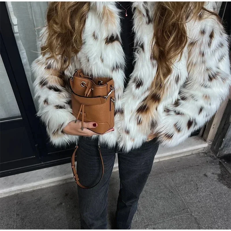 Autumn Winter Leopard Loose Chic Jackets for Women Lapel Long Sleeve Minimalist Feather Coat Female Fashion New