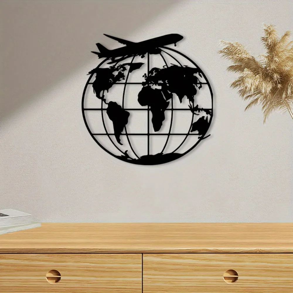 CIFBUY Vintage World Map Metal Wall Art, Powder-Coated Aviation Decor, Globe with Continent Outlines, Pilot Gift for Living Room