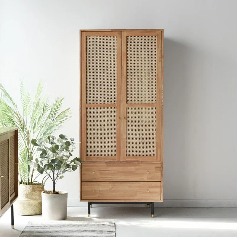 American country log rattan wardrobe modern double door wardrobe, Nordic solid wood wardrobe, bedroom locker storage