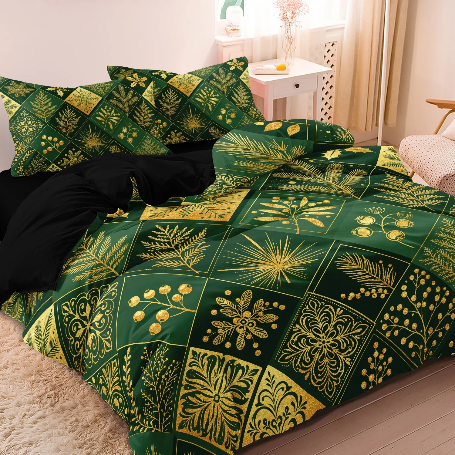3Pcs Dark Green Golden Botanical Christmas Duvet Cover Set, Vintage Patchwork Winter Plant Pattern Bedding, Bedroom Decoration