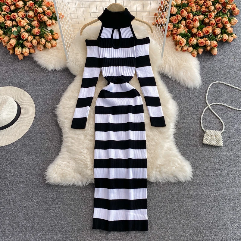 Autumn Women Chic Sexy Off-shoulder Hollow Bodycon Hip Wrapped Knitted Stripped Dress Winter Elastic Ady Party Sweater Dresses