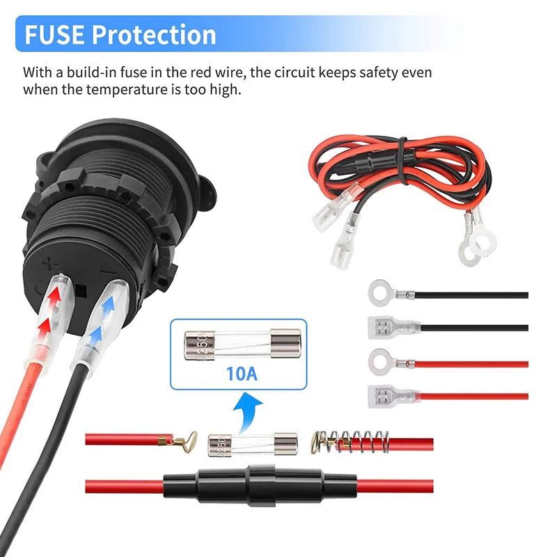 12V -24V Waterproof Cigarette Lighter Socket Auto Car Boat Motorcycle ATV RV Lighter Socket Power Outlet With Wire Accessories