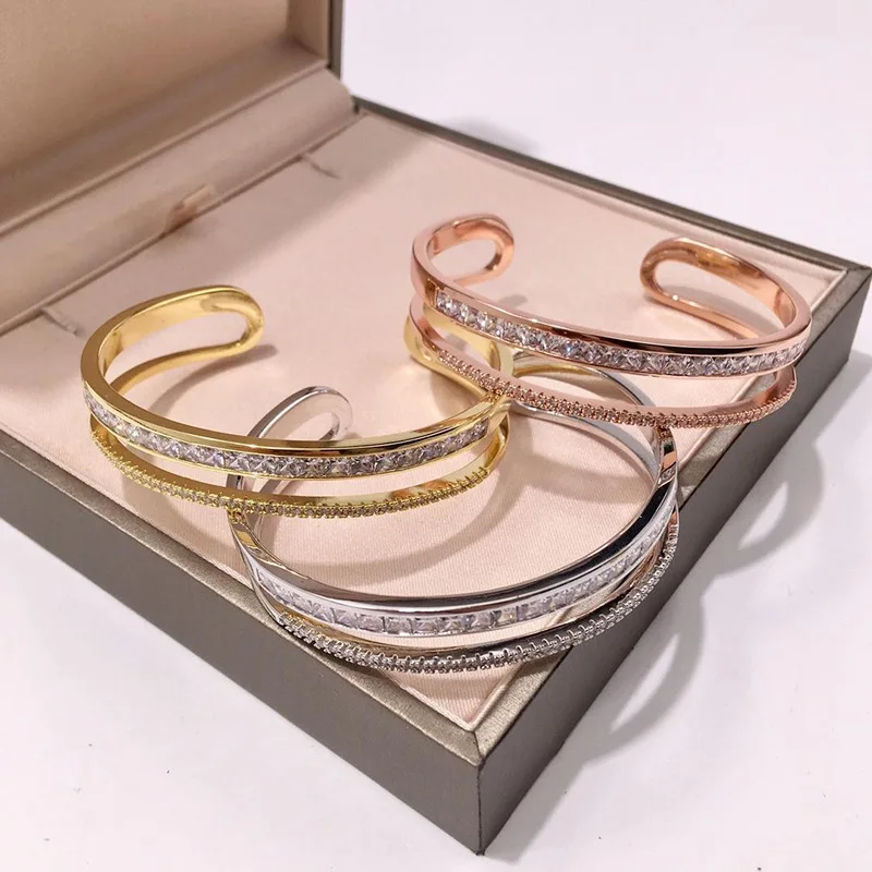 

New Micro Inlaid Jewelry Shining Exquisite Double Row Diamond Small Square Diamond C-shaped Double Layer Bracelet Simple Fashion