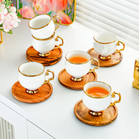 100ml 6PCS Ceramic Espresso Cup Dish Sets European Style Minimalist Gold Edged Coffee Cup With Wooden Plate Afternoon Tea Set