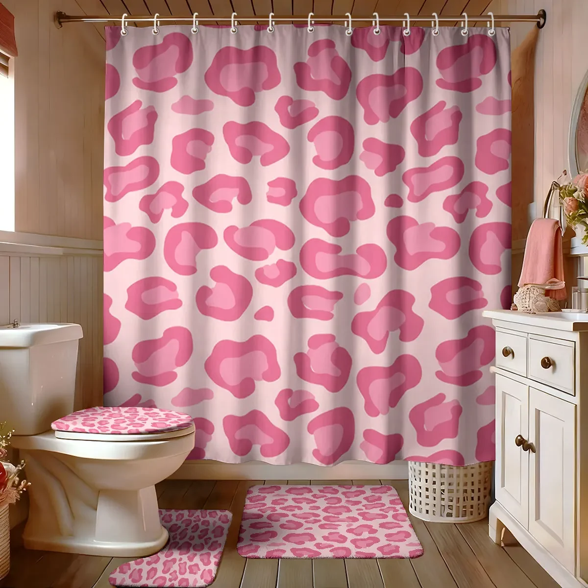 4PCS Pink Leopard Pattern Bathroom Four-Piece Set, Including Shower Curtain, Toilet Seat Cover, U-Shaped Mat, and Floor Mat
