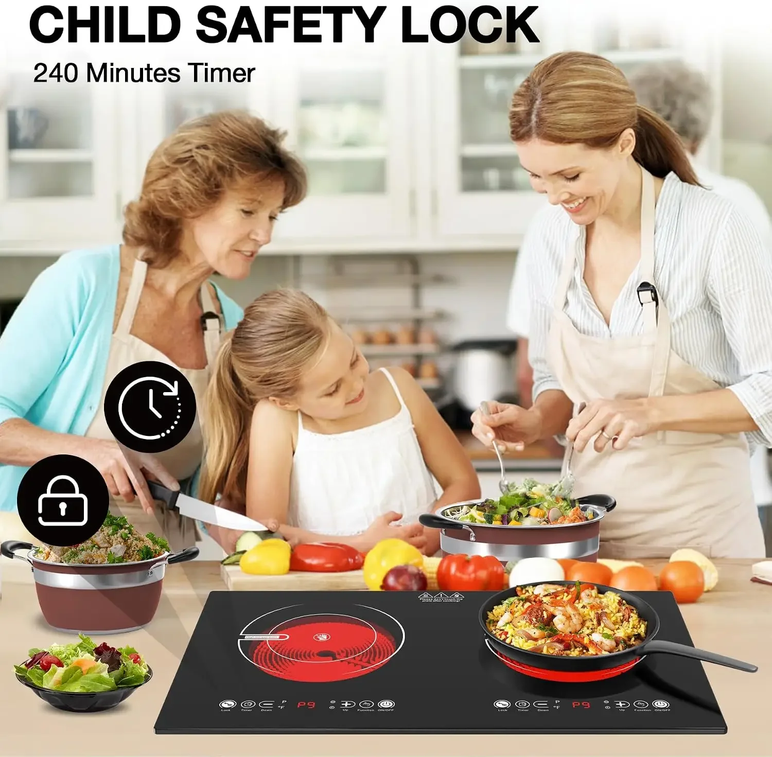 2 Burner Electric Cooktop,110V 2400W ElectricStove Top with Touch Control,9 Heating Level,Timer &Kid Safety 2 bumner cooktop.