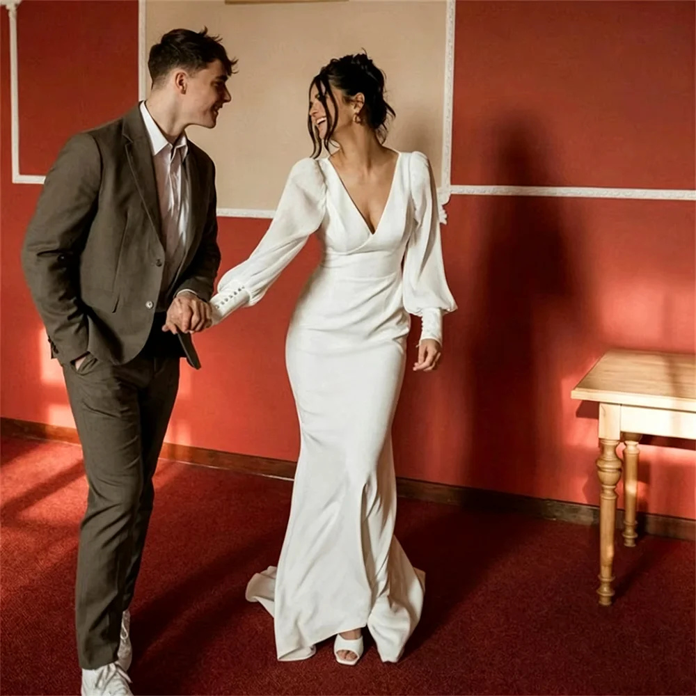 Long Sleeve Satin Mermaid Wedding Dress V Neck Backless Bridal Gown Minimalist Civil Wedding Vestido De Novia Custom Sweep Train