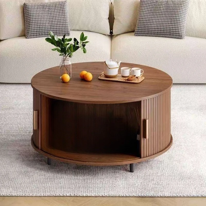 Modern round solid wood coffee table with storage compartment small apartment living room