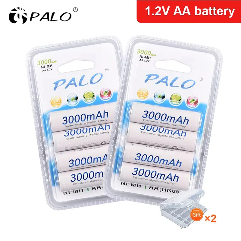 4-24pcs PALO Battery NIMH AA 3000Mah 1.2V 2A Ni-Mh AA Rechargeable Batteries AA Bateria Baterias + Free Battery Storage Box