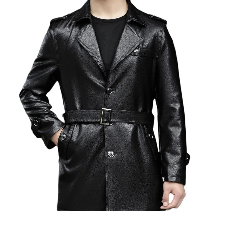 سترة جلدية راقية لعام 2026 بدلة رجالية من الصوف السميك المتوسط والطويل معطف خندق 100% سترة من جلد البقر للرجال بلون سادة