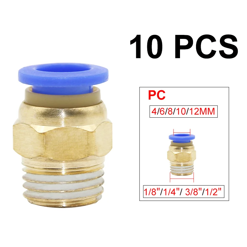 Raccords de tuyaux pneumatiques PC 4mm 6mm 8mm 10mm 12mm, Tube de tuyau 1/8 "1/4" 3/8 1/2, filetage mâle, connecteur de tuyau d'air en laiton, raccord rapide
