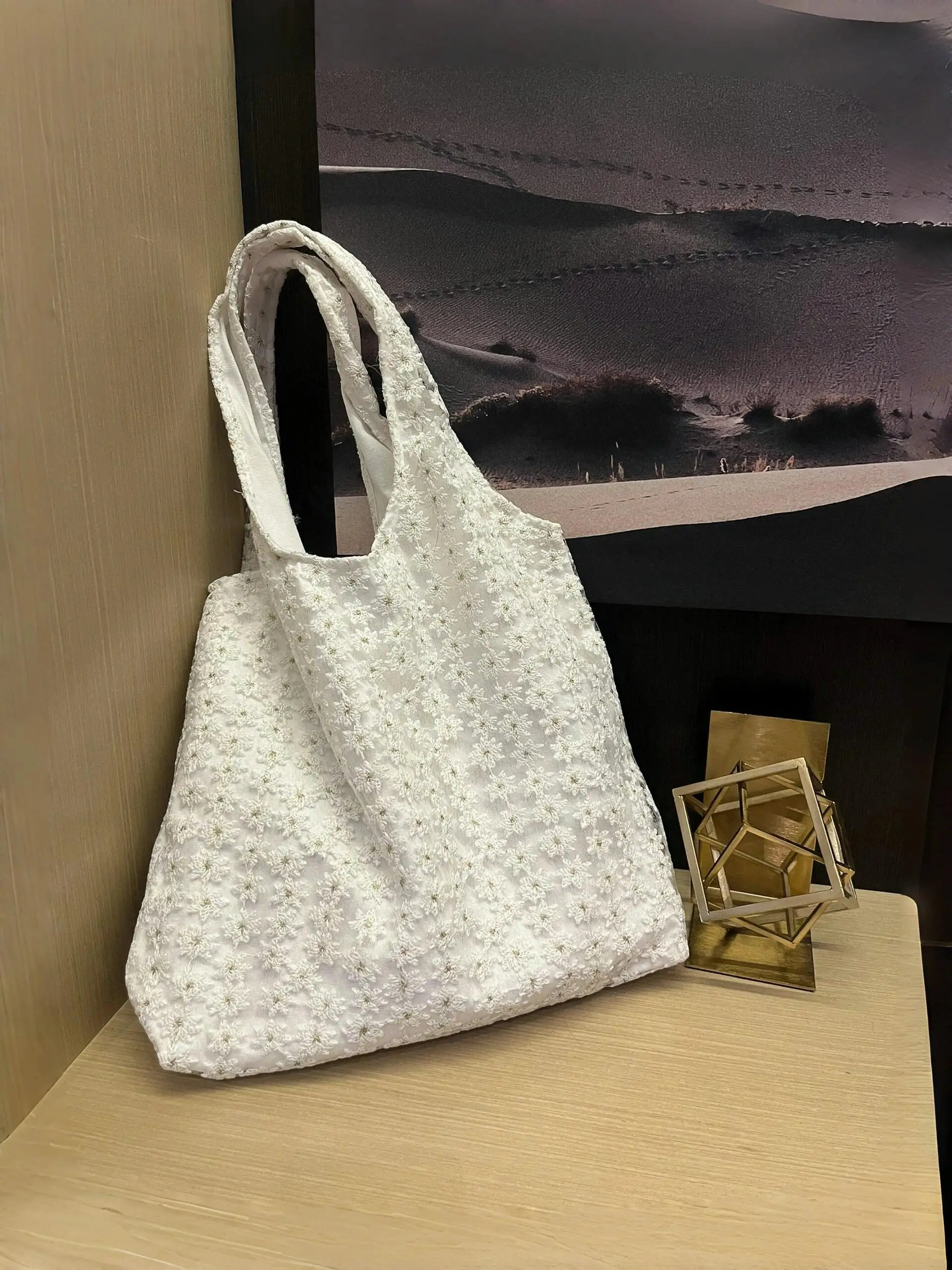 

Холщовая большая сумка с цветком ромашки, сказочная кружевная сетчатая сумка на плечо, простой дизайн, весна-лето, новая женская сумка Sle, повседневное использование