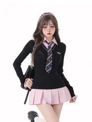 Women Kpop Mini Black Pink Preppy Style Long Sleeve Shirts Dress With Tie Gyaru 2000s Aesthetic Japanese Y2k Girl One-Piece New