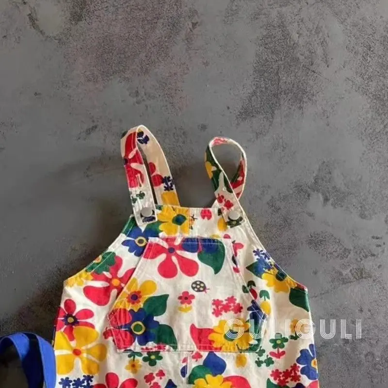 فتاة صبي وزرة ربيع الخريف الكورية موضة الشارع السراويل الأزهار المطبوعة الأطفال السراويل الاطفال بذلة ملابس بناطيل أطفال #2