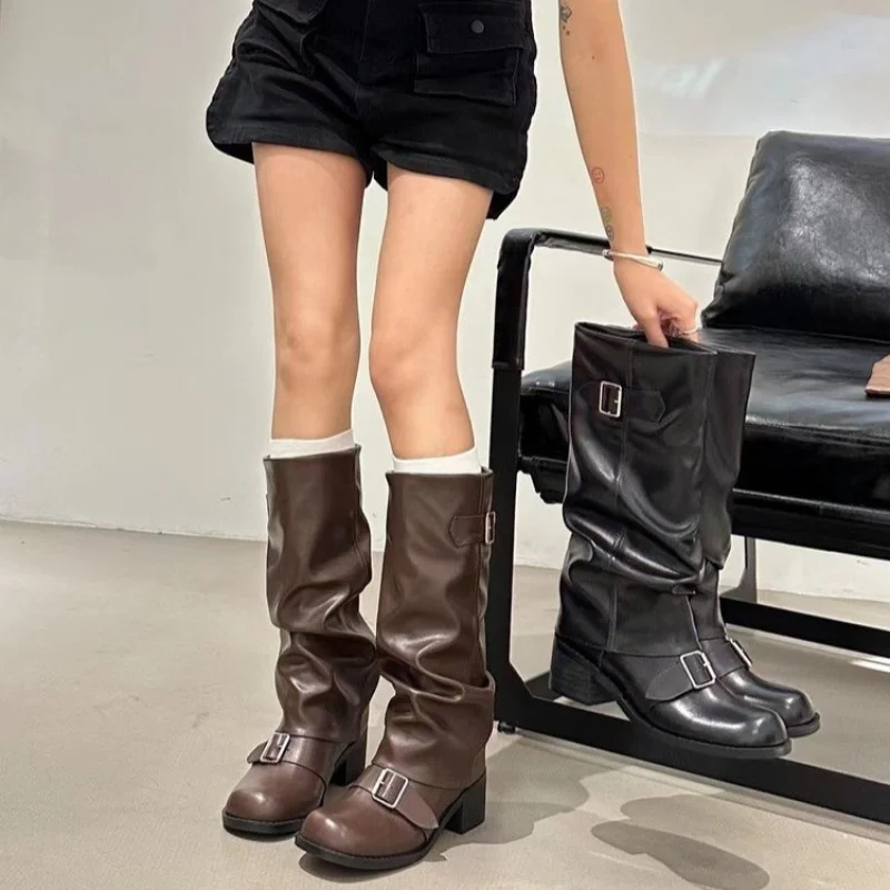 

Woman Boots Knee High Platform Chunky Heels Trend Punk Gothic New Rock Leather Fashion Women's Shoes Motorcycle Footwear