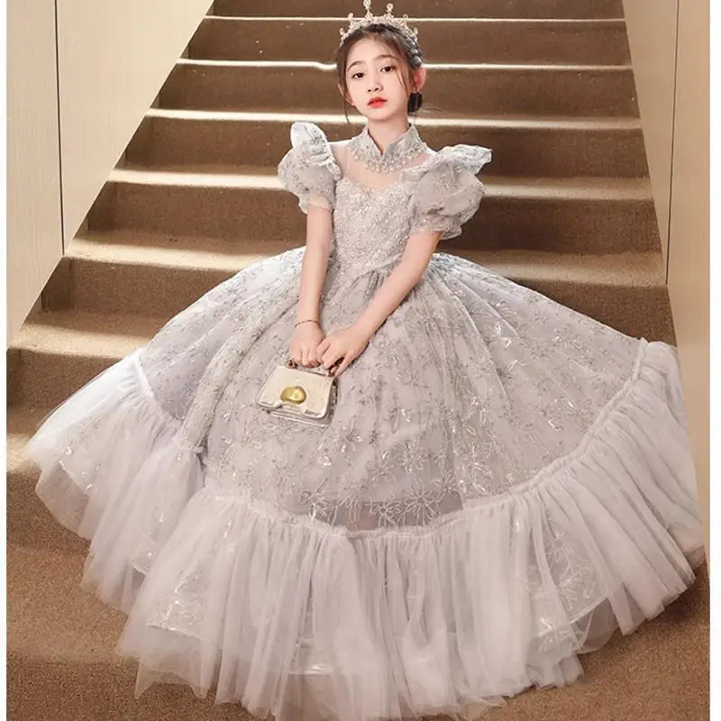 2024 Luxury Girl Children\'s Long Dress Elegant Noble Puff Sleeves Ball Gown for Children Kids Formal Evening Party Teen Costume