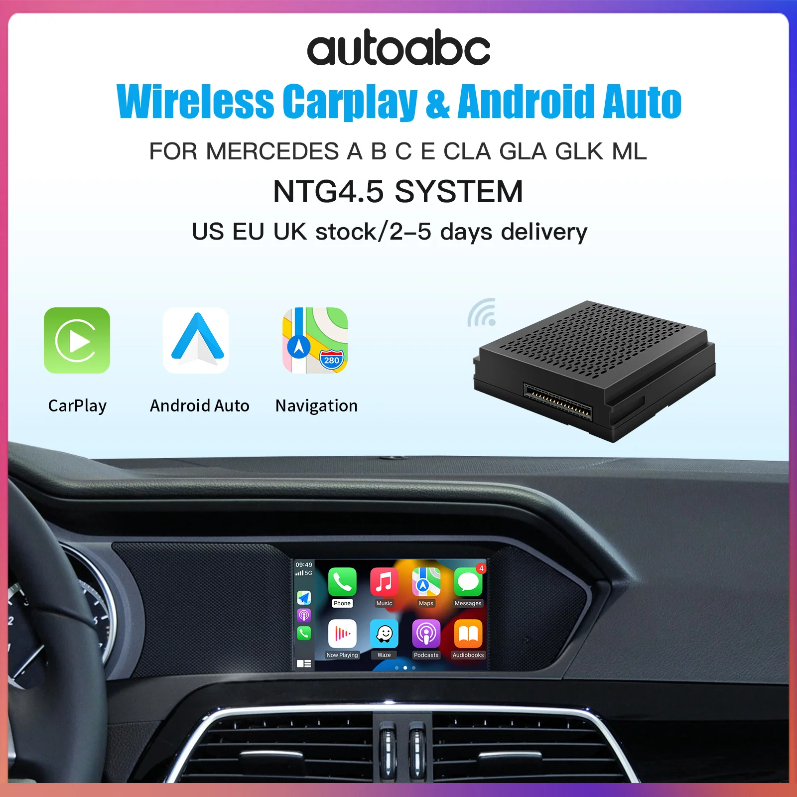 AUTOABCWireless CarPlay dla Mercedes Benz Android lusterko samochodowe Link funkcja modele A, B, C, E, CLA, GLA, GLK, ML, NTG4.5