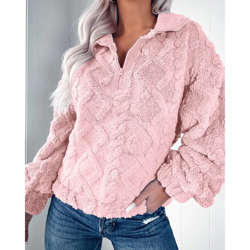 S-XXL جديد المرأة الخريف/الشتاء موضة بلون تحذير البلوفرات السيدات نصف سستة عادية كم طويل شعر هوديي