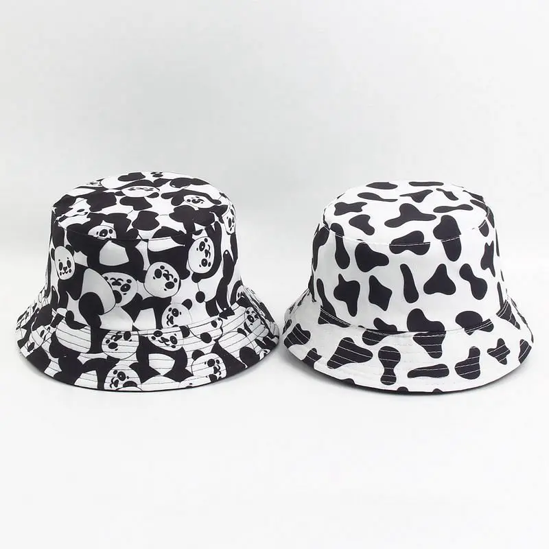 

Women's Cow Reversible Bucket Hats Black White Cow Panda Zebra Pattern Panama Caps for Women Summer Double Side Fisherman Hat