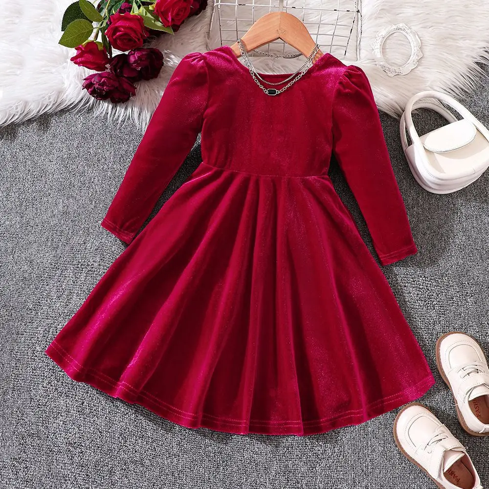 

Christmas Dress For Girls Solid Color Velvet Bow Birthday Party Princess Dress Long Sleeve Autumn Winter Kids Hollow Out Dress