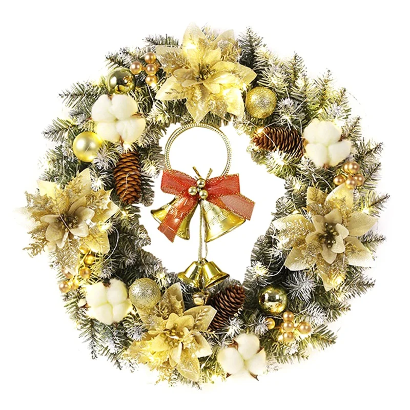 Handcrafted Pine Needle Christmas Wreath With Pinecones And Gold Accents With LED Lights - Perfect Holiday Decor Easy To Use