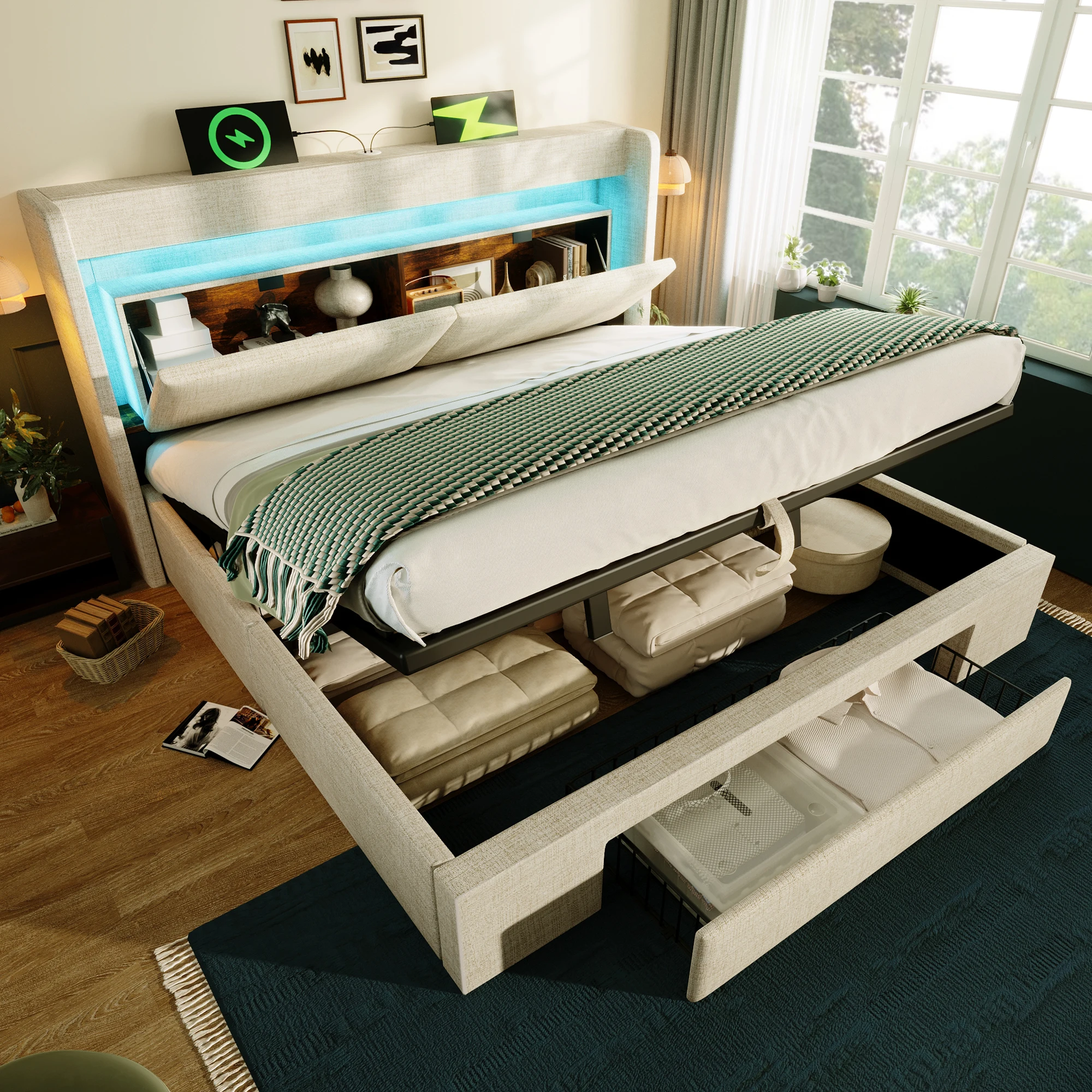 Lit coffre double, USB, USB-C, LED réglable et rangement 140 × 200 cm, sans matelas, en lin beige