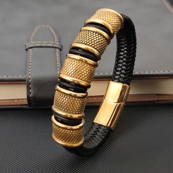 MingAo Stainless Steel Gold Braided Rope Leather Bracelet & Bangles for Men Jewelry Charm Gift Fashion