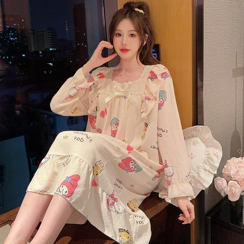 110kg 5XL Plus Size Cartoon Home Dress Korean Students Wrinkled Cloth Pajamas Autumn Long Sleeved Nightgown Princess Loungewear