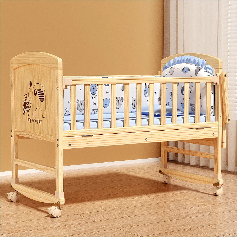 Hot Sale Cheap Price Solid Wood Baby Crib with Adjustable Wheels for Newborn