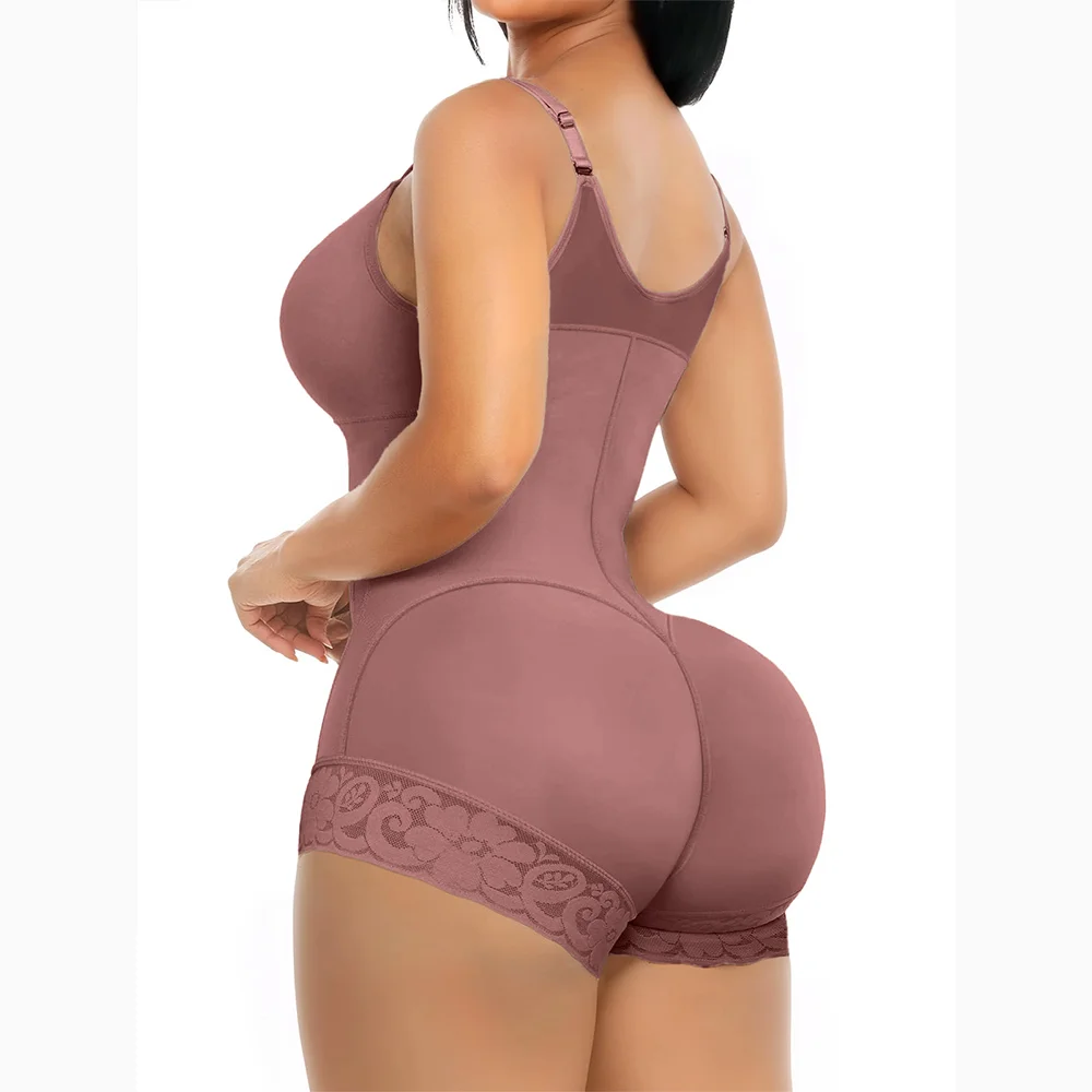 Women’s High Compression Faja Bodysuit with Built-in Bra, Zipper & Lace Trim - Tummy Control Butt Lifter BBL Shapewear