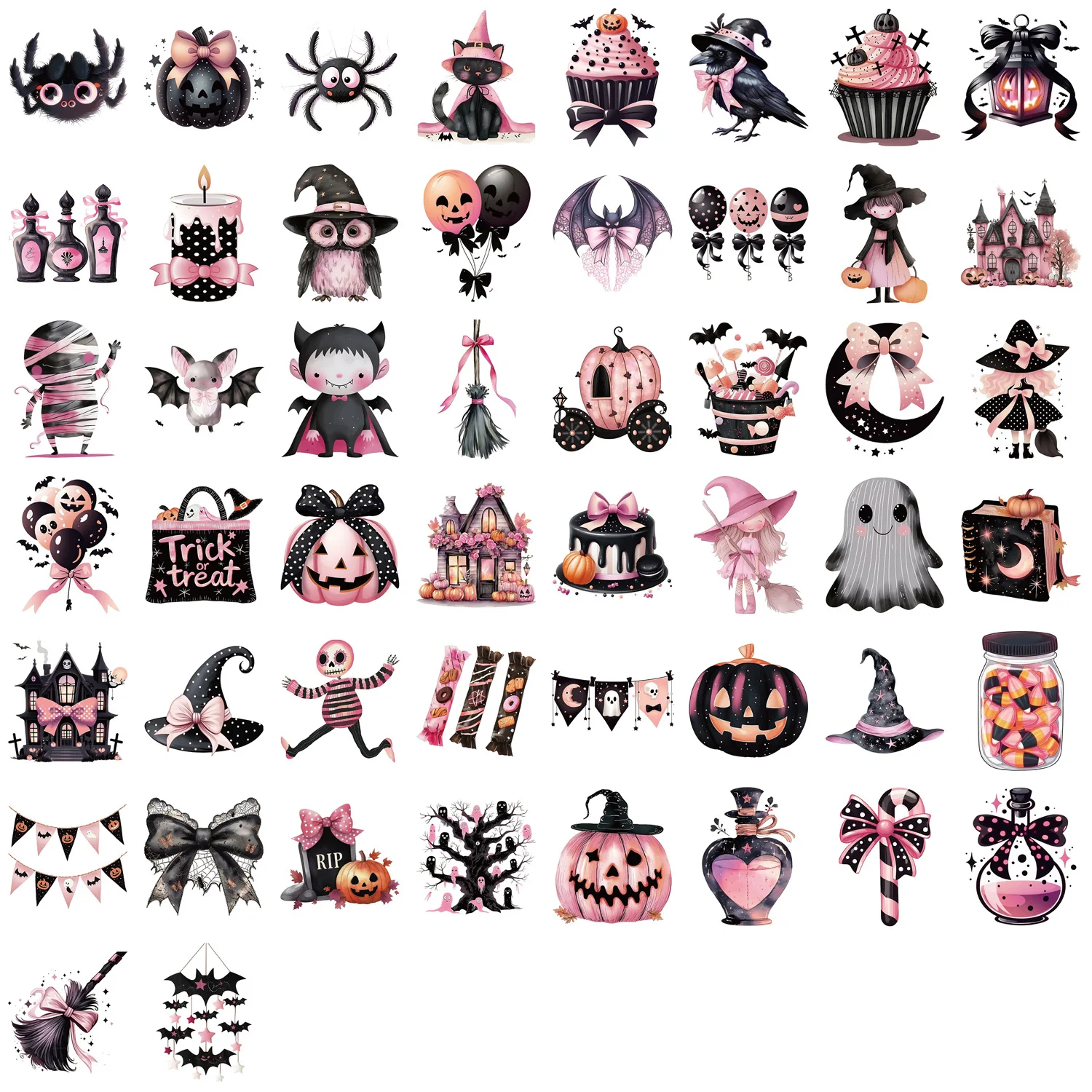50 قطعة من ملصقات الهالوين اللطيفة باللونين الأسود والوردي لأجهزة الكمبيوتر المحمول وزجاجة الثلاجة وملصقات جرافيتي كرتونية ذاتية الصنع وهدايا المهرجانات