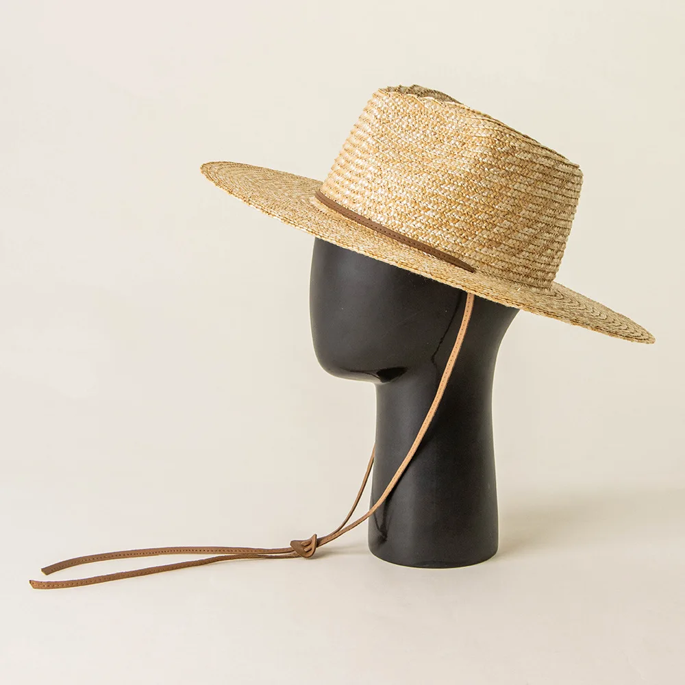 Spring 2023 new PU leather strapping big brim straw straw jazz hat outdoor tourism beach sunshade sunscreen tethered straw hat