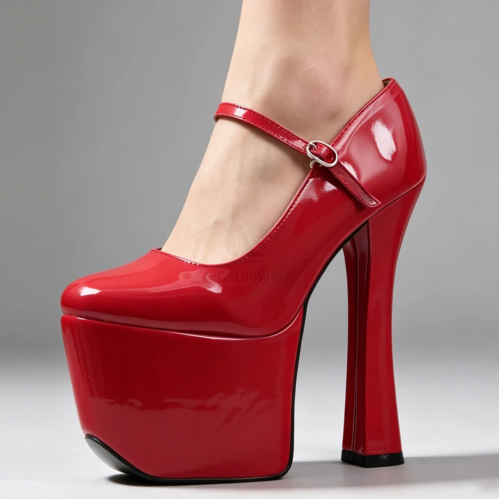 20CM High Heels Mary Jane Pumps Ultra High Chunky Heel Thick Platform Round Toe Ankle Strap Stage Show Punk Shoes