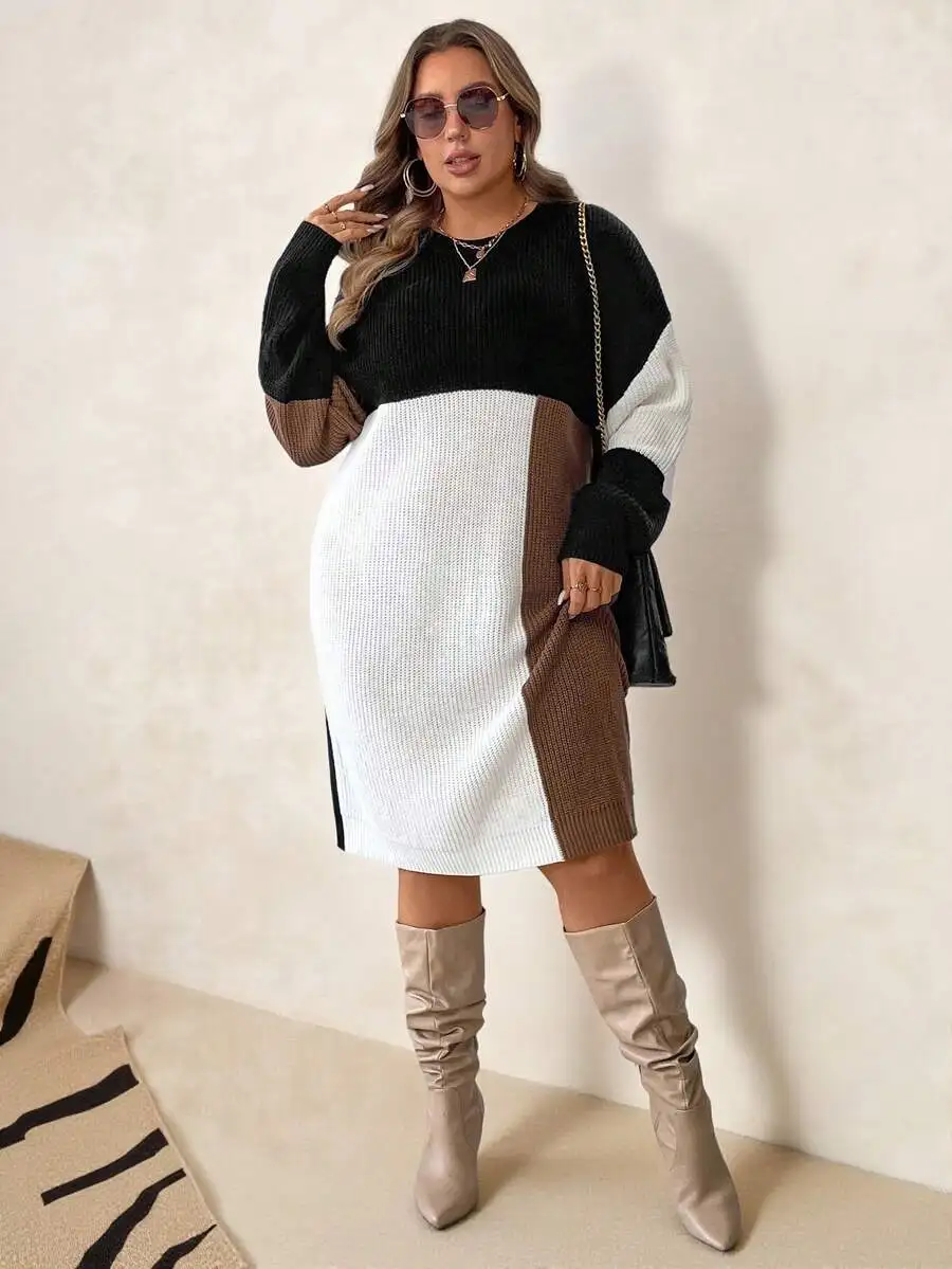 เสื้อสเวตเตอร์ผู้หญิงไซส์ใหญ่ ดีไซน์หรูหรา ตัดต่อสี คอทรงกลม แขนยาว ไหล่ตก ใส่สบาย อุ่น สำหรับฤดูใบไม้ร่วงและฤดูหนาว