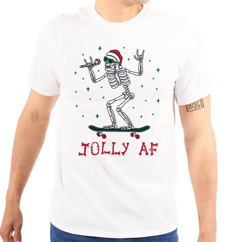 Funny Christmas Skateboard Skeleton Jolly AF Womens or Mens Crewneck T Shirt Tee