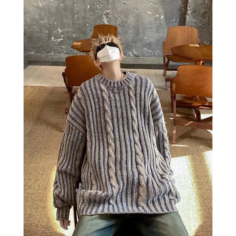 

High-end Mixed Color Men Winter Loose Thickened Trendy Knitted Sweater American Retro Lazy Style Cardigan