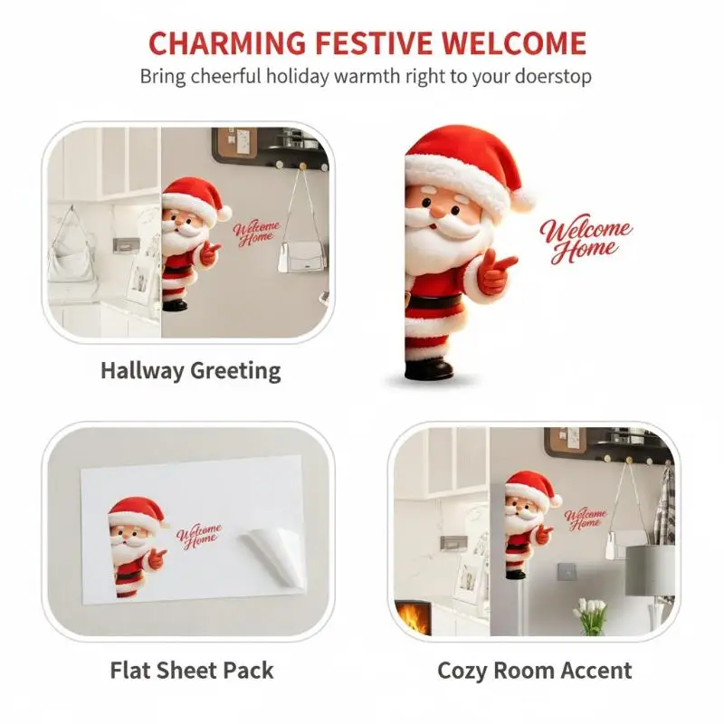 3D Peeking Santa Claus Door Wall Sticker Self Adhesive Welcome Home Lettering For Christmas Entryway Holiday Decoration