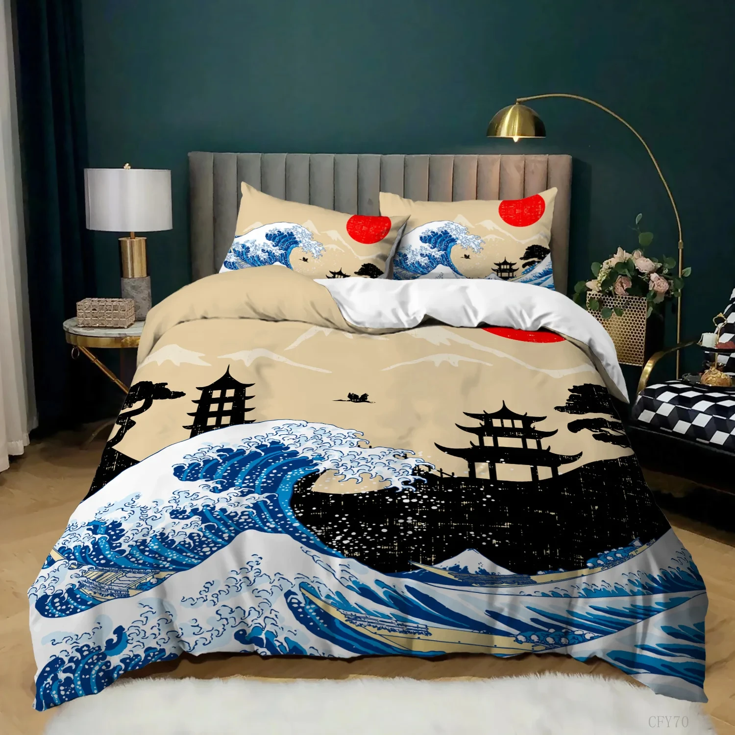 Japanese Style Ukiyoe Theme Soft Duvet Cover Mount Fuji Bedding Set Cherry Blossoms Comforter Cover King Queen Size for Girls