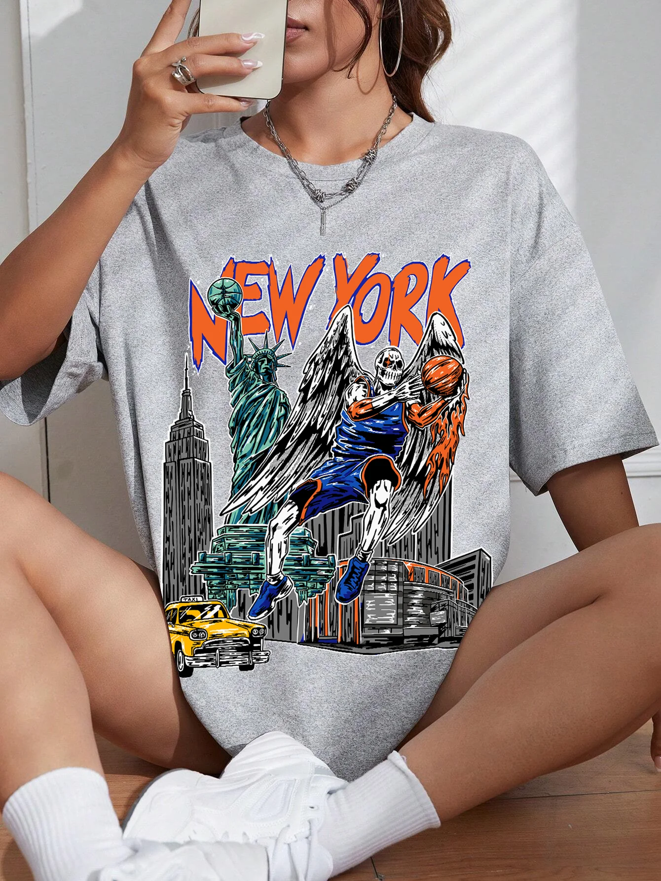 New York City Center Skeleton Basketball Player T-Shirt Female Summer Cotton T Shirts O-Neck Casual Tops Loose Street T Shirt