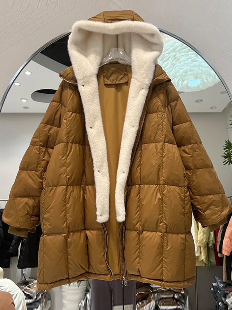 Imagem -02 - Inverno Feminino 90 Pato Branco para Baixo 2023 Jaqueta Destacável Forro de Pele de Vison Puffer Parka Feminino Solto Grosso com Capuz Cabolsa de Neve